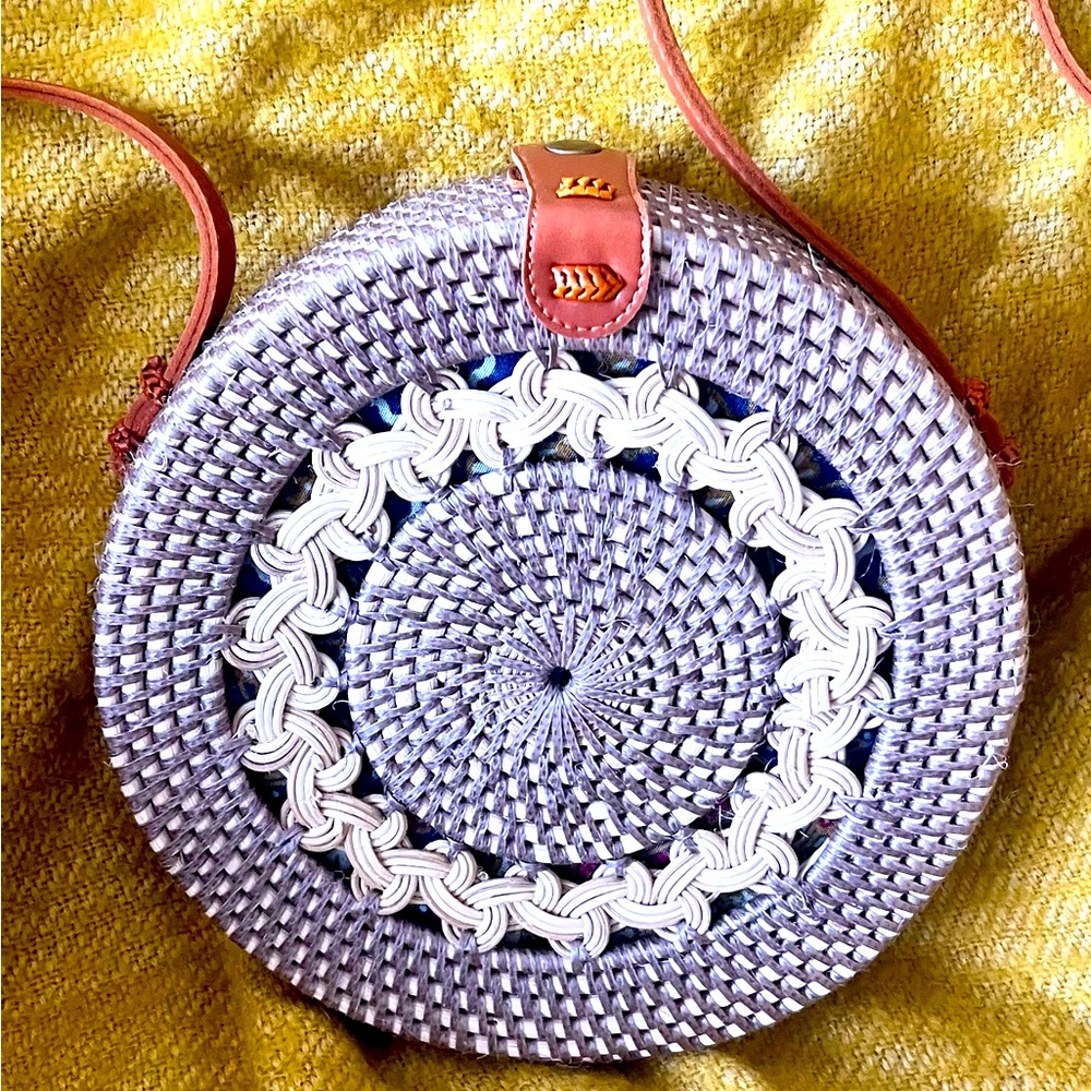 HandwovenTan (bad lighting )BaliRattan Round Crossbody Bag w/ Batik Lining –7.5”